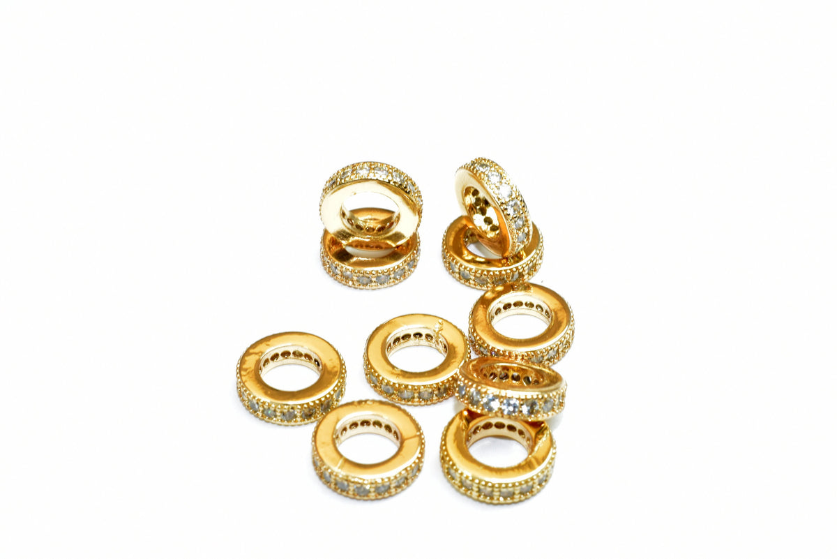 18k 8.5mm Roundel Gold Filled Micro Pave Beads with Clear CZ Cubic Zirconia  GFM09G A jewelry making supplies - detail ima...