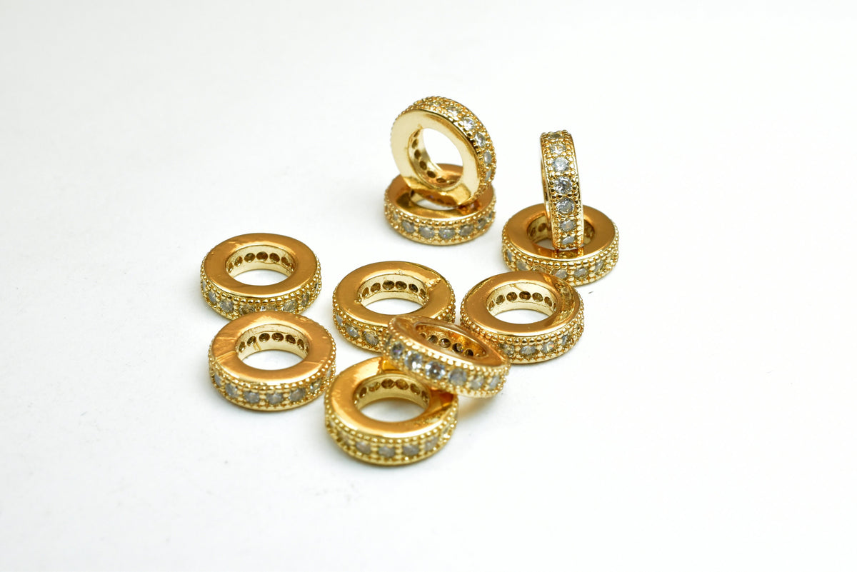18k 8.5mm Roundel Gold Filled Micro Pave Beads with Clear CZ Cubic Zirconia  GFM09G A jewelry making supplies - detail ima...