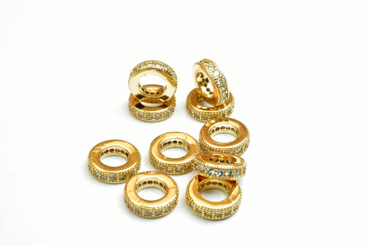 18k 8.5mm Roundel Gold Filled Micro Pave Beads with Clear CZ Cubic Zirconia  GFM09G A jewelry making supplies - detail ima...