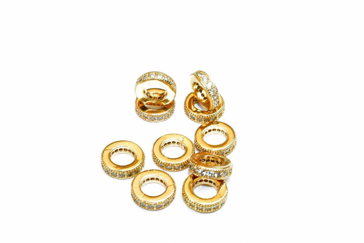 18k 8.5mm Roundel Gold Filled Micro Pave Beads with Clear CZ Cubic Zirconia  GFM09G A jewelry making supplies - detail ima...
