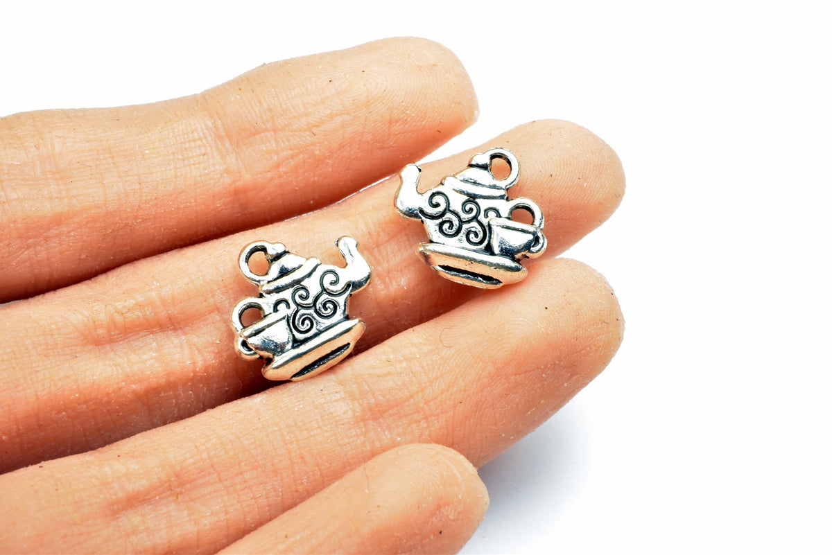10 PCs Tea Kettle Alloy Charm Beads Silver Color Size 14x15mm Metal Beads 2mm Jump Ring Findings for Jewelry Making jewelr...