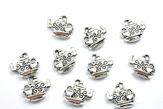 10 PCs Tea Kettle Alloy Charm Beads Silver Color Size 14x15mm Metal Beads 2mm Jump Ring Findings for Jewelry Making jewelr...