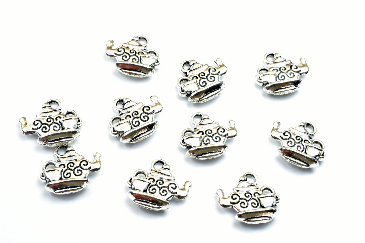 10 PCs Tea Kettle Alloy Charm Beads Silver Color Size 14x15mm Metal Beads 2mm Jump Ring Findings for Jewelry Making jewelr...