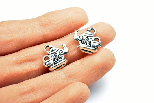 10 PCs Tea Kettle Alloy Charm Beads Silver Color Size 14x15mm Metal Beads 2mm Jump Ring Findings for Jewelry Making jewelr...