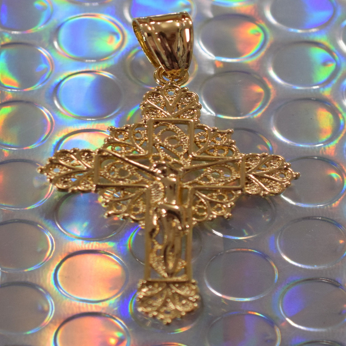 18Kt as Gold Filled* Religious Cross Filigree Pendant With Jesus For Rosary Baby Christening Baptism Gift  Jewelry Making...