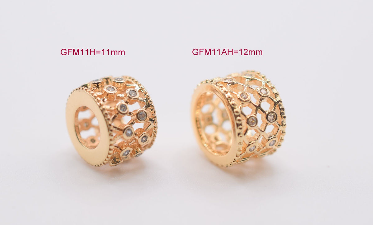 18k 11mm/12mm Roundel Gold Filled Look, EP Micro Pave Beads with Clear CZ Cubic Zirconia  GFM11H/GFM11AH jewelry making su...