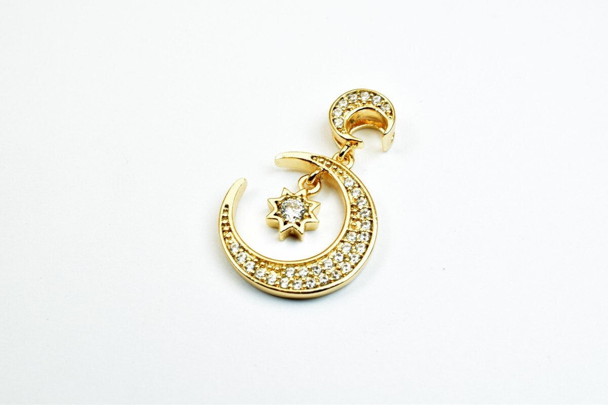 18k as as gold filled* tarnish resistant moon pendant charm with cubic zircon (cz) rhinestone 2 sizes for jewelry making g...