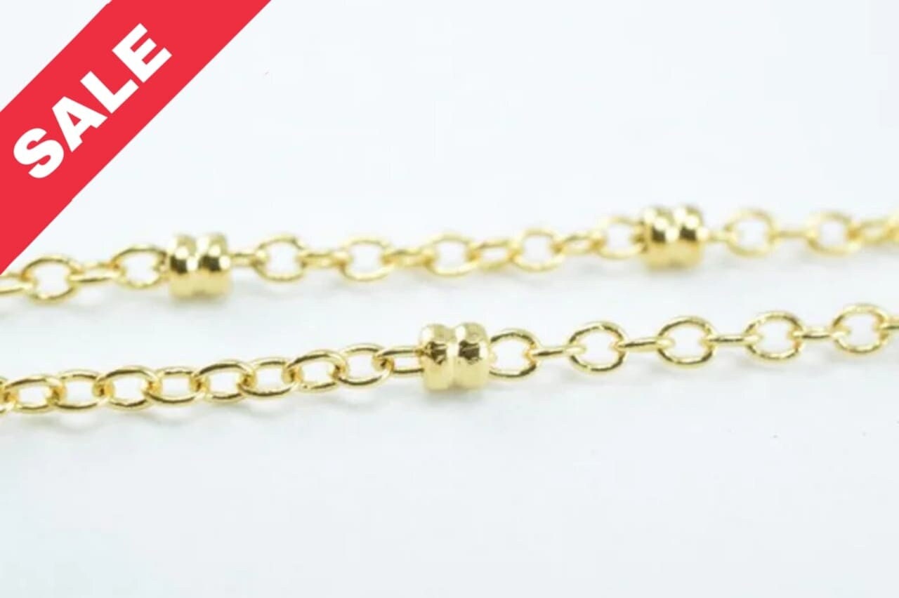 Gold Plated Chain - Electroplated 18k Spacer Beaded Cable - 2mm Width, Tarnish Resistant Finish, Jewelry Making, Craft Supplies