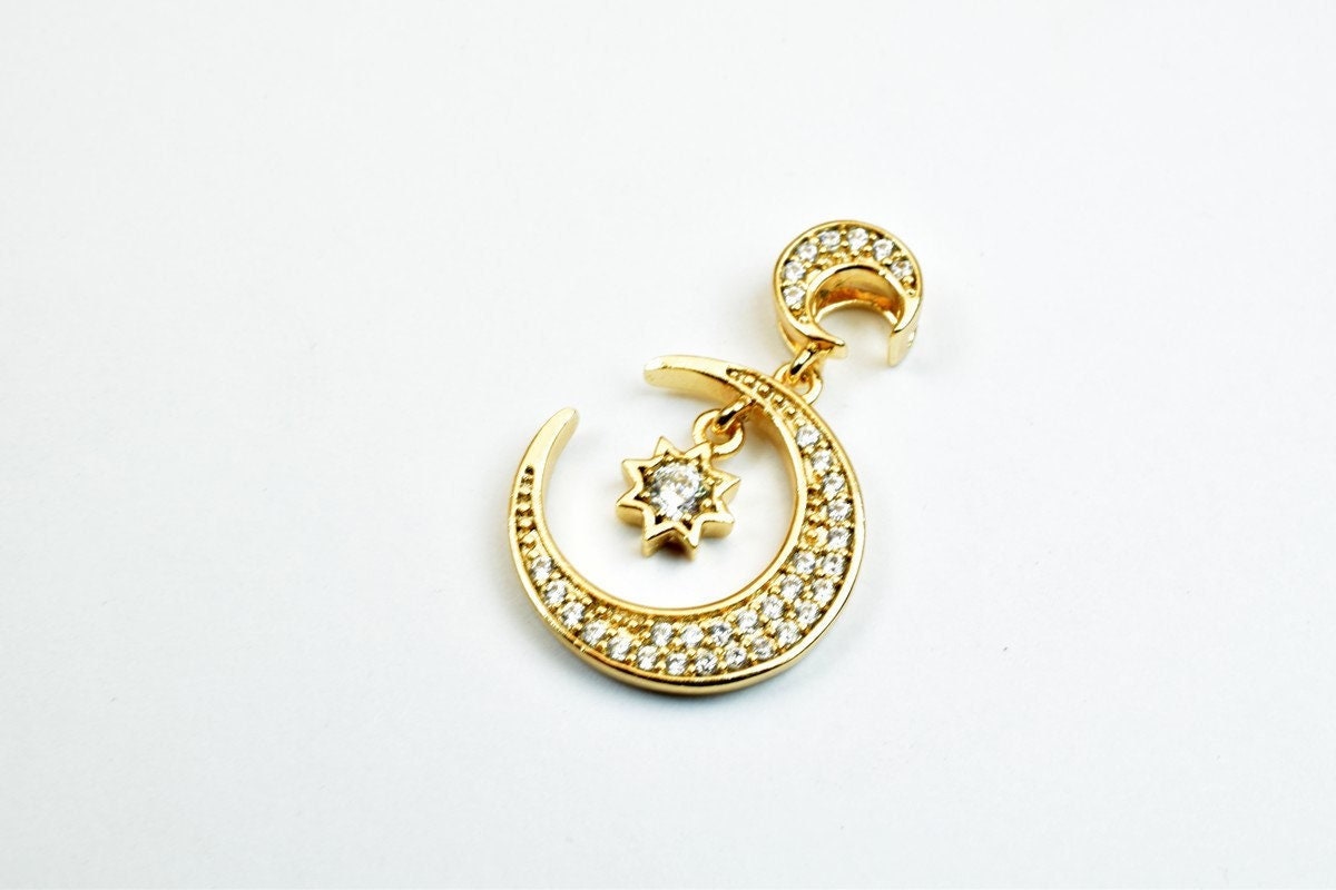 18k as as gold filled* tarnish resistant moon pendant charm with cubic zircon (cz) rhinestone 2 sizes for jewelry making g...