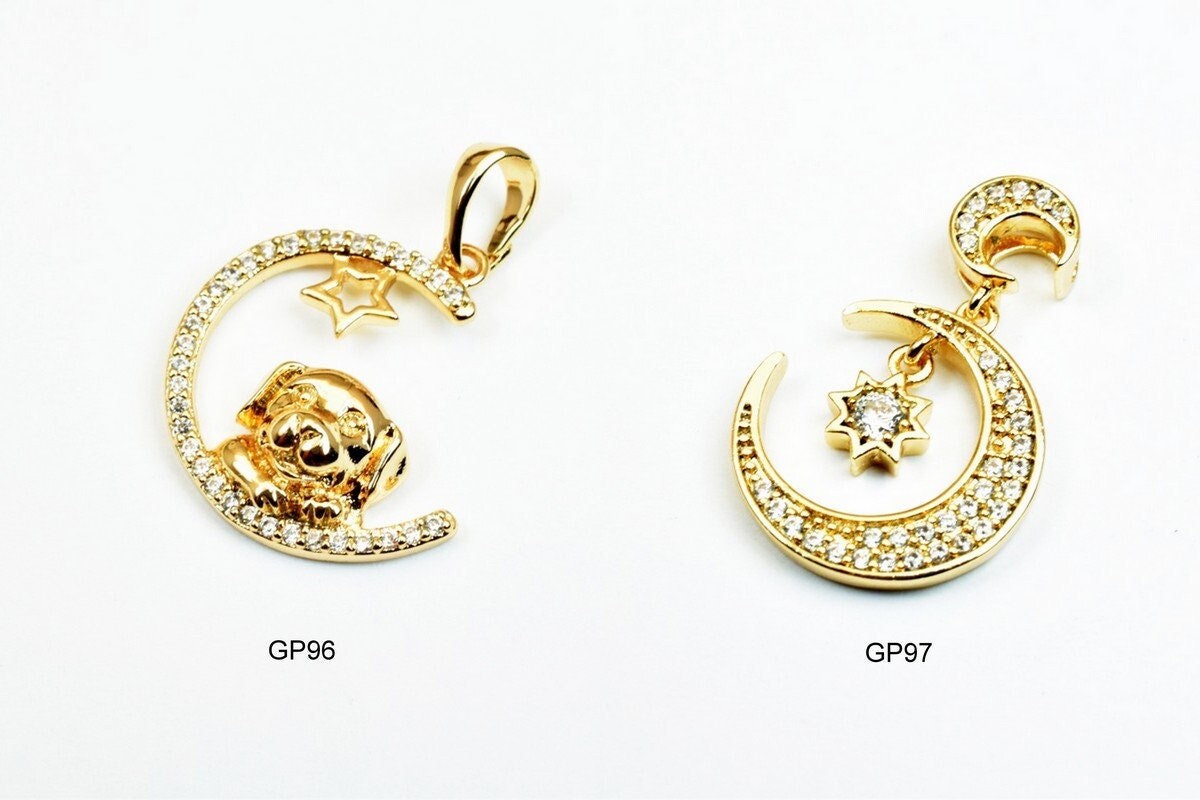 18k as as gold filled* tarnish resistant moon pendant charm with cubic zircon (cz) rhinestone 2 sizes for jewelry making g...