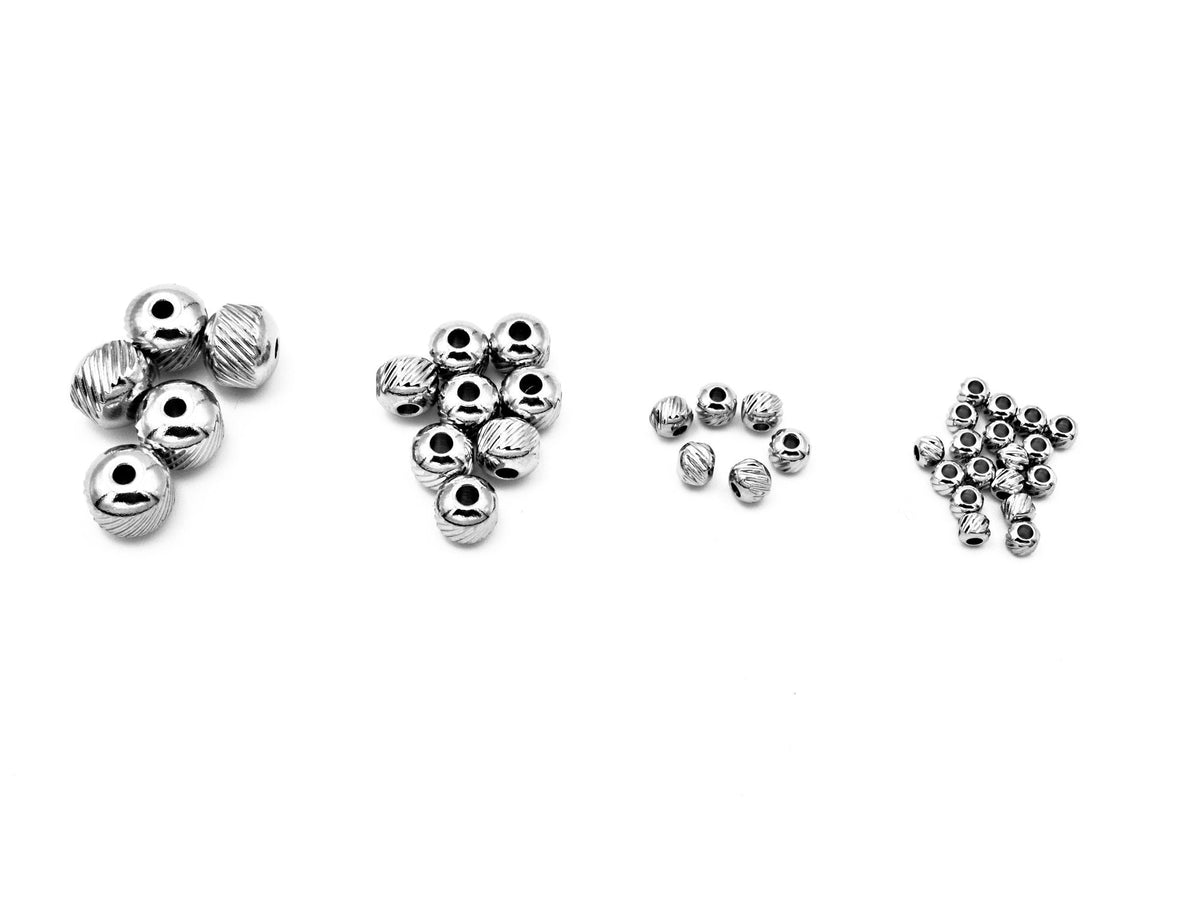 Diamond Cut Beads - Mixed Size Stainless Steel Spacers - Silver Tone Round Balls, Smooth & Textured, Jewelry Craft