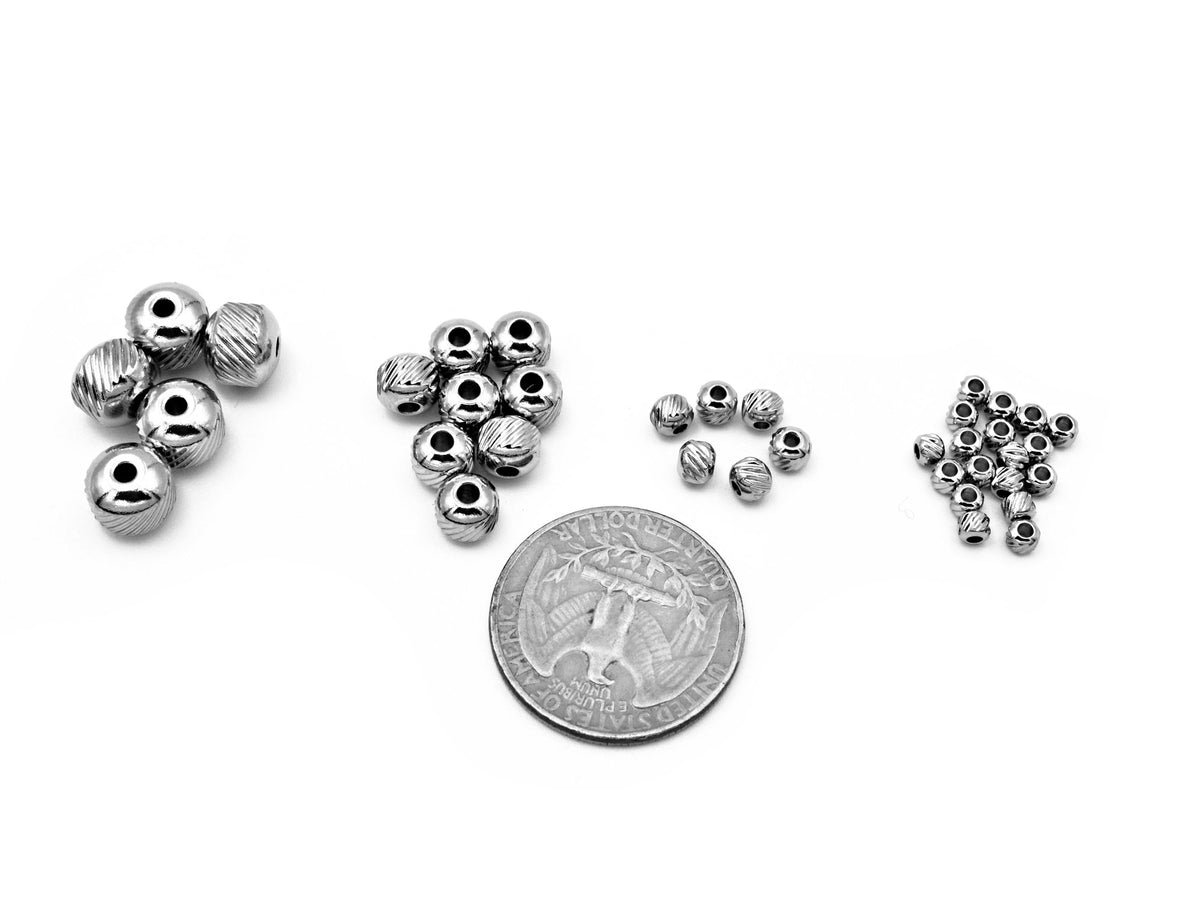 Diamond Cut Beads - Mixed Size Stainless Steel Spacers - Silver Tone Round Balls, Smooth & Textured, Jewelry Craft