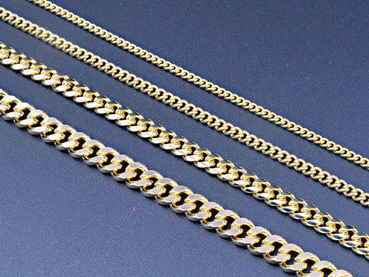 Close-up of four different widths of 14K gold-tone curb chains by Foot, numbered 1 to 4, ranging from 2.2mm dainty to 6mm chunky, high-polish jewelry supplies.