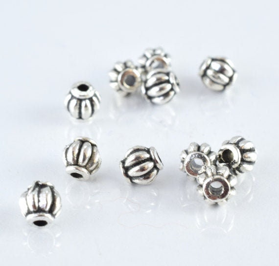 4mm Antique Silver Ridge Round Ball Beads: Textured Vintage Style, 50pcs Pack | Metal, Small Hole, 14g