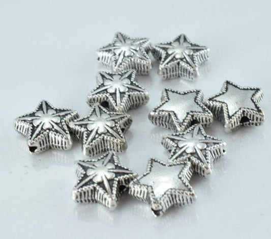 11m Antique Silver Star Clover Metal Alloy Beads W/Black Accent Coloring Detailed Design 1m hole 4mm thickness,10pcs/PK je...