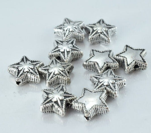 11m Antique Silver Star Clover Metal Alloy Beads W/Black Accent Coloring Detailed Design 1m hole 4mm thickness,10pcs/PK je...