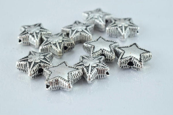 11m Antique Silver Star Clover Metal Alloy Beads W/Black Accent Coloring Detailed Design 1m hole 4mm thickness,10pcs/PK je...