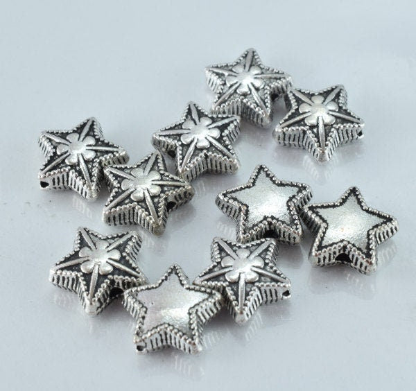 11m Antique Silver Star Clover Metal Alloy Beads W/Black Accent Coloring Detailed Design 1m hole 4mm thickness,10pcs/PK je...