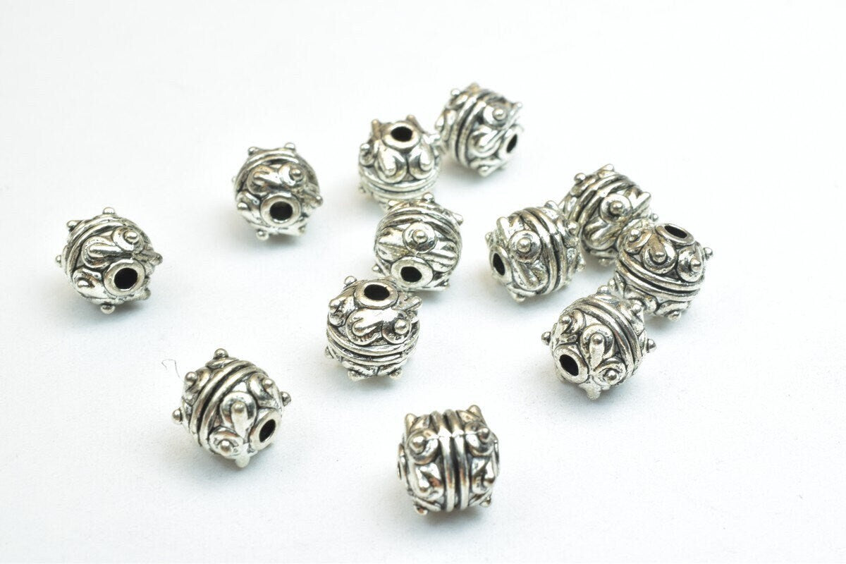 Antique Silver Beads Set: Mixed Green Gold and Silver Tones, Vintage Style (7mm Diameter, 1mm Hole, Base Metal Alloy)