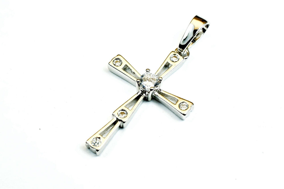 White Gold Filled Cross Pendant Clear Cz: Classic Symbolic Charm, Tarnish Resistant Finish (30x19mm, Rhodium Plated, Unisex)