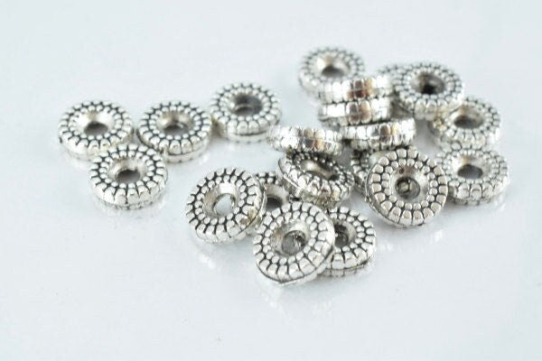 Antique Silver Beads Detailed Ribbed Alloy Metal: Vintage Tone Jewelry Components (20pcs, 3mm Thickness, 2mm Hole)