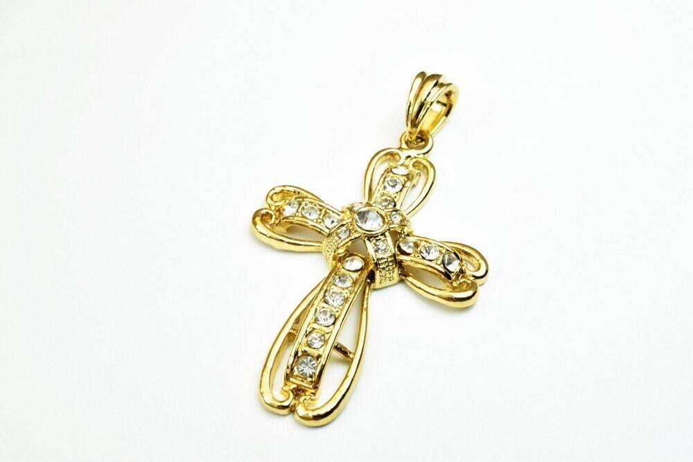 18k as as gold filled* tarnish resistant cross pendant with cubic zircon (cz) rhinestone size 51x34.5mm for jewelry making...