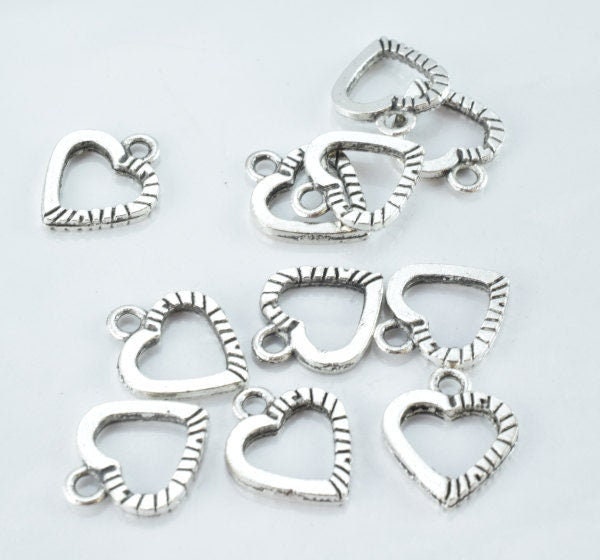 12x14mm Ribbed Antique Silver Heart Pendant Charm, 20pcs/PK, Bail opening:2mm, 2mm Pendant thickness jewelry making supplies