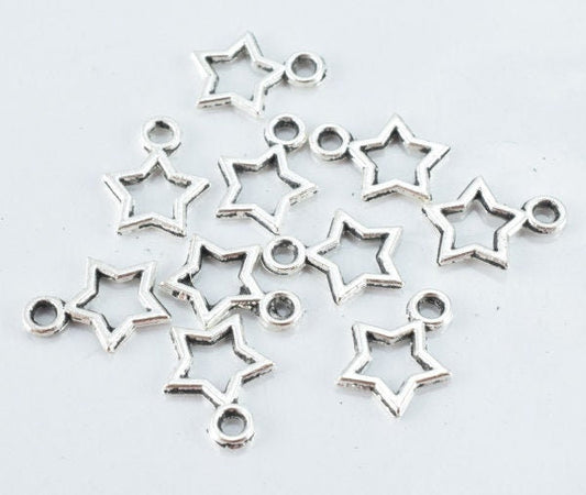 10m Antique Silver Hollow Star Pendant Charm, Closed loop size: 1mm, Sold by 1 pack of 40pcs, 2mm charm thickness jewelry...