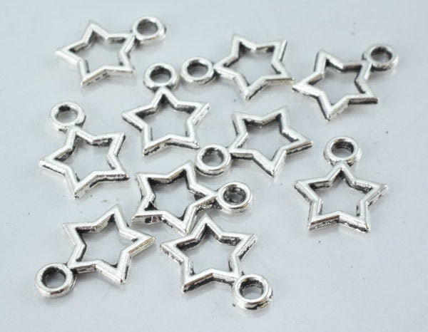 10m Antique Silver Hollow Star Pendant Charm, Closed loop size: 1mm, Sold by 1 pack of 40pcs, 2mm charm thickness jewelry...