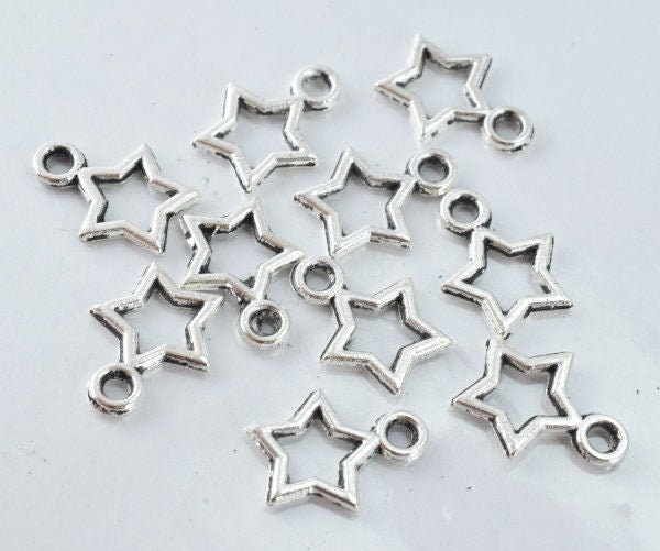 10m Antique Silver Hollow Star Pendant Charm, Closed loop size: 1mm, Sold by 1 pack of 40pcs, 2mm charm thickness jewelry...