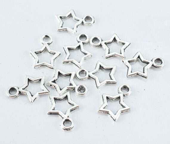 10m Antique Silver Hollow Star Pendant Charm, Closed loop size: 1mm, Sold by 1 pack of 40pcs, 2mm charm thickness jewelry...