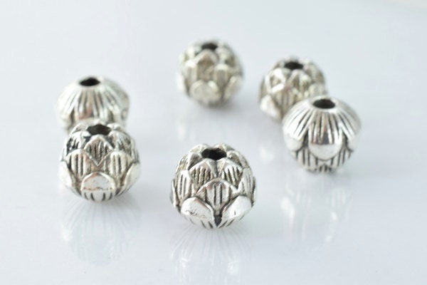 11m Budding Floral Antique Silver Alloy Spacer Finding Beads w/Black Accent Coloring Detailed Design 6pcs/PK, 2mm hole 4mm...