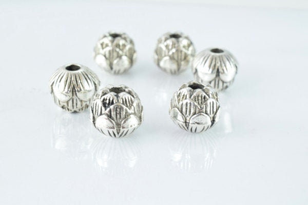 11m Budding Floral Antique Silver Alloy Spacer Finding Beads w/Black Accent Coloring Detailed Design 6pcs/PK, 2mm hole 4mm...