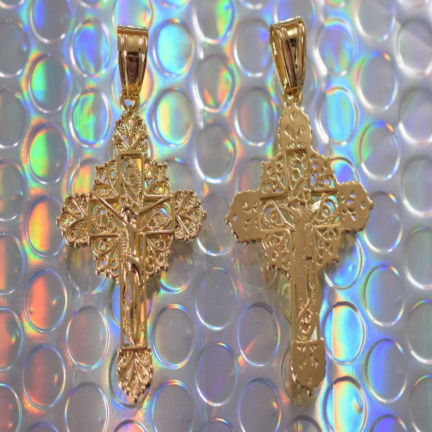 18Kt as Gold Filled* Religious Cross Filigree Pendant With Jesus For Rosary Baby Christening Baptism Gift  Jewelry Making...