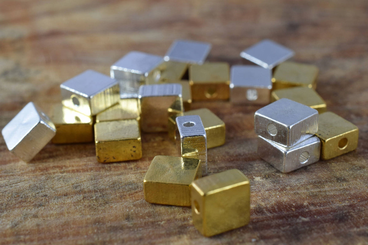 6mm Square Gold/Silver Minimal Beads, 12PCs, 1mm Hole Smooth Beads for Jewelry Making,square cube beads ,Gold Square Metal...