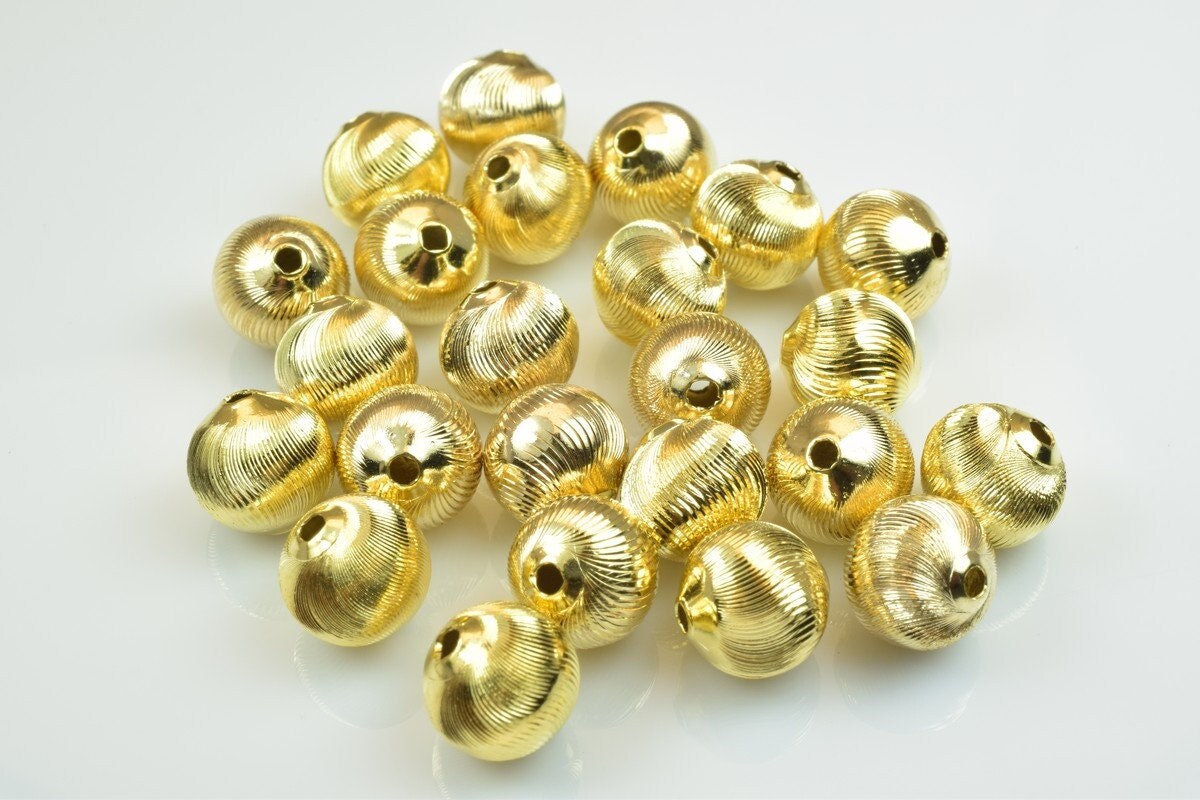 100 PCs Gold Plated Carved Round Beads 10mm Diamond Cut jewelry making supplies - detail image 3