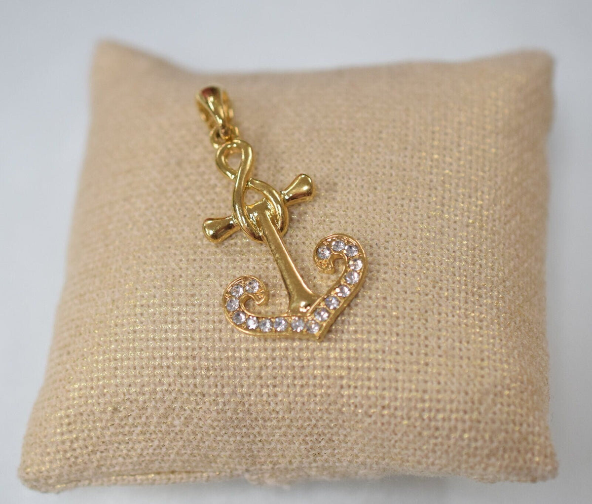 18K Gold Filled Look Anchor Pendant Charm: Clear Zirconia, Copper Base, Jewelry Making (46x22mm)