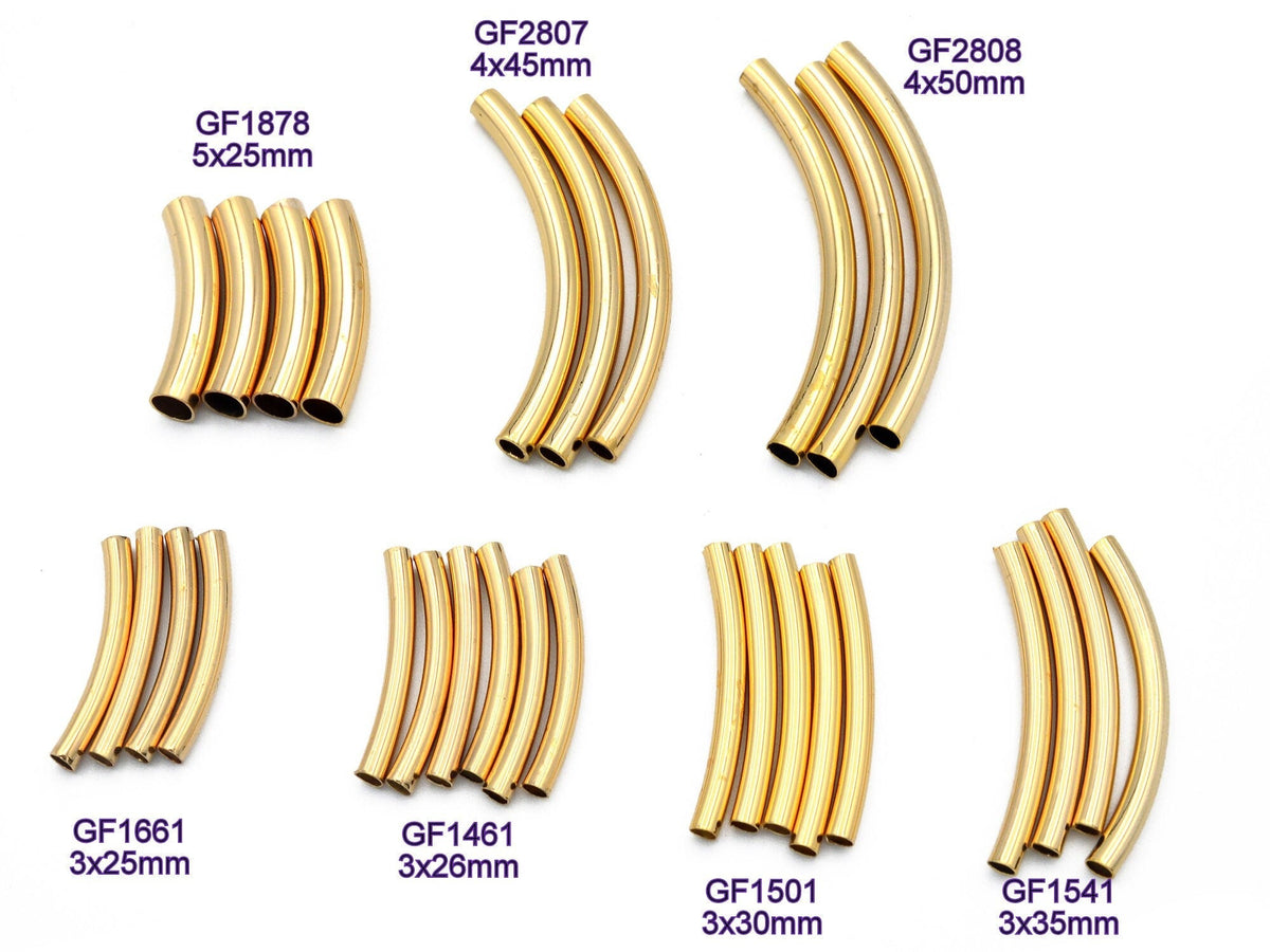 Gold Filled Alternative EP Curve Plain Tube Beads - Tarnish Resistant Jewelry Supply - Durable Gold Tone, Multiple Sizes, Craft Components