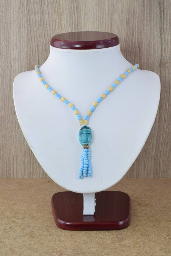 10" Wood Egyptian  Beaded Handmade Necklace, Ceramic Pendant,Tribal Jewelry, Pendant African Wood Necklace Natural Healing...