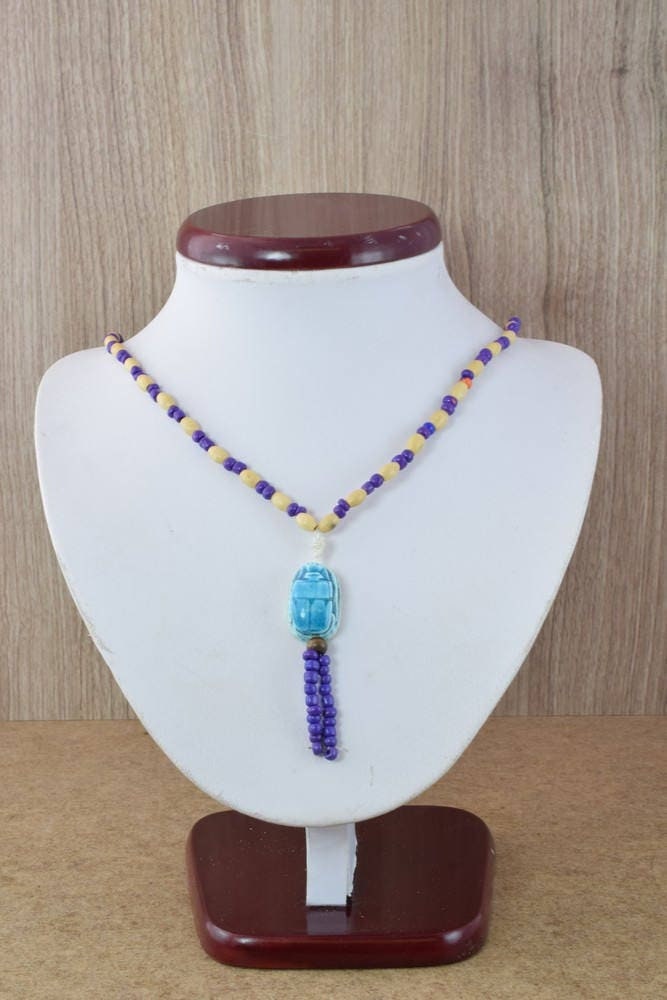 10" Wood Egyptian  Beaded Handmade Necklace, Ceramic Pendant,Tribal Jewelry, Pendant African Wood Necklace Natural Healing...