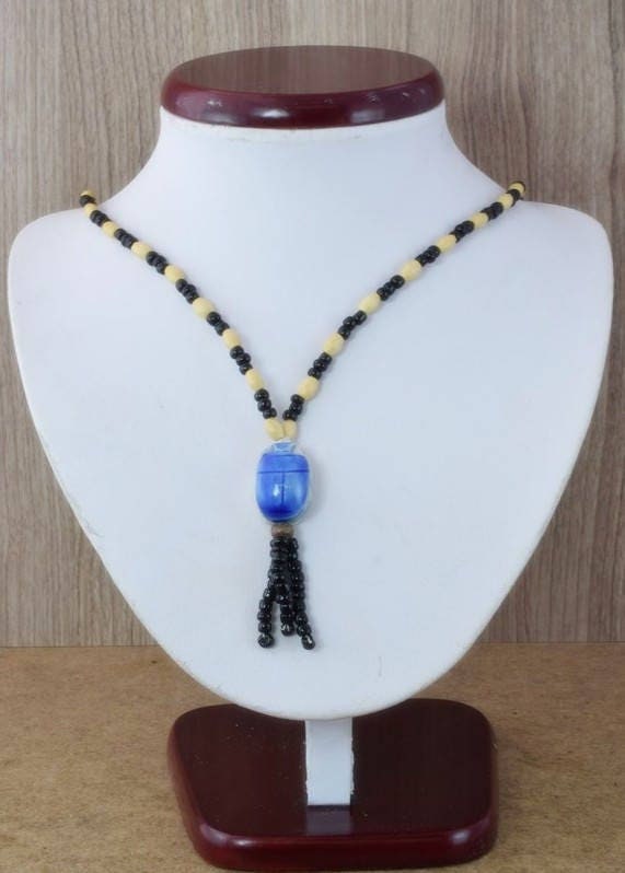 10" Wood Egyptian  Beaded Handmade Necklace, Ceramic Pendant,Tribal Jewelry, Pendant African Wood Necklace Natural Healing...