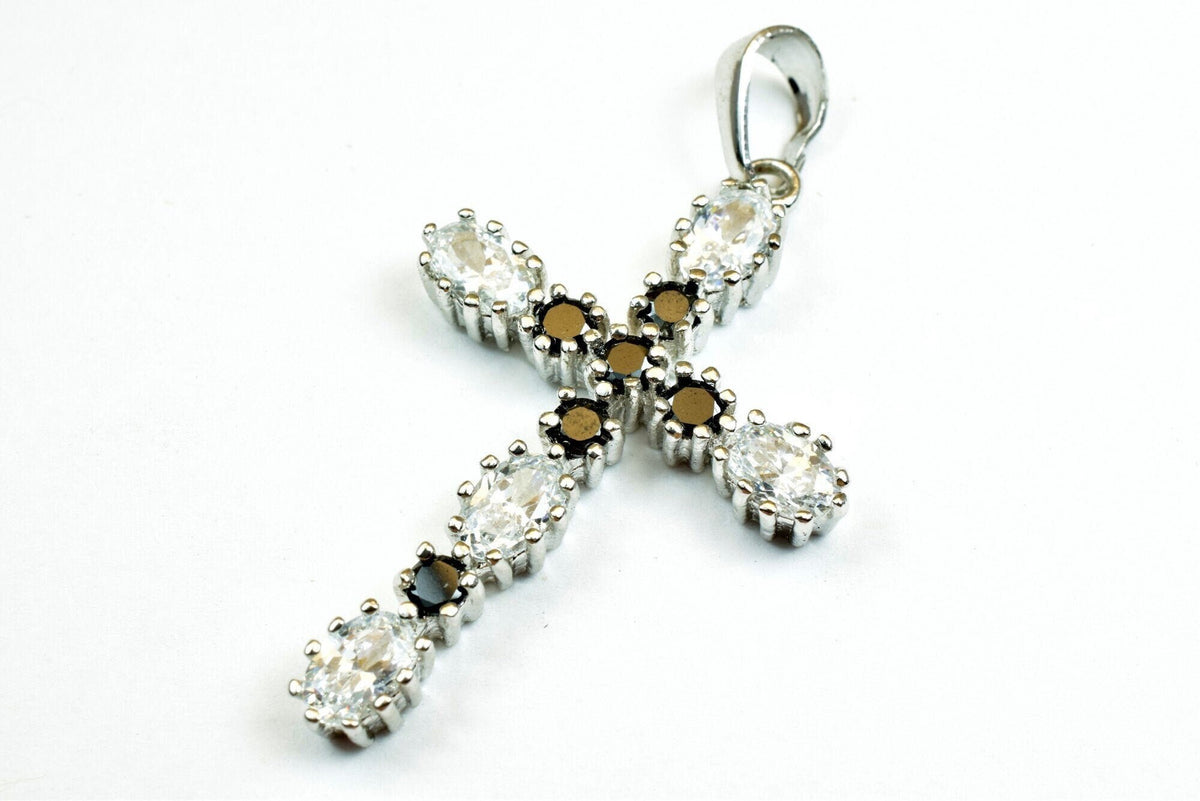 White Gold Filled Cross Pendant - Black Clear CZ Charm - Rhodium Plated, Tarnish Resistant Finish, Gift For Her Jewelry Making