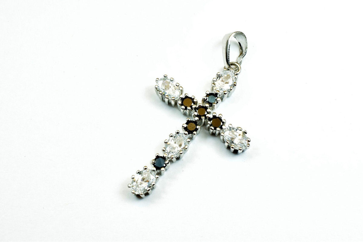 White Gold Filled Cross Pendant - Black Clear CZ Charm - Rhodium Plated, Tarnish Resistant Finish, Gift For Her Jewelry Making