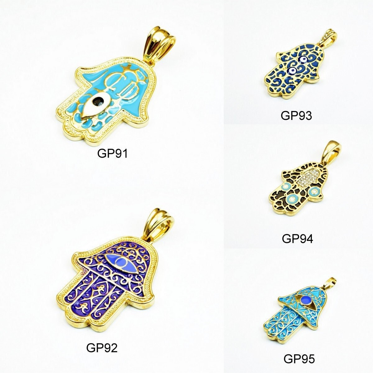 18k as gold filled* hamsa hand pendant charm some with cubic zircon (cz) rhinestone 5 styles for jewelry making gp91, gp92...