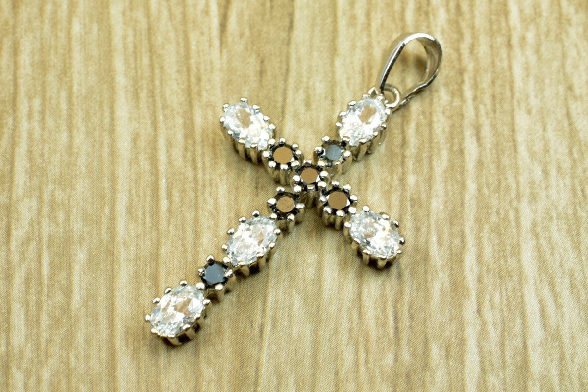 White Gold Filled Cross Pendant - Black Clear CZ Charm - Rhodium Plated, Tarnish Resistant Finish, Gift For Her Jewelry Making