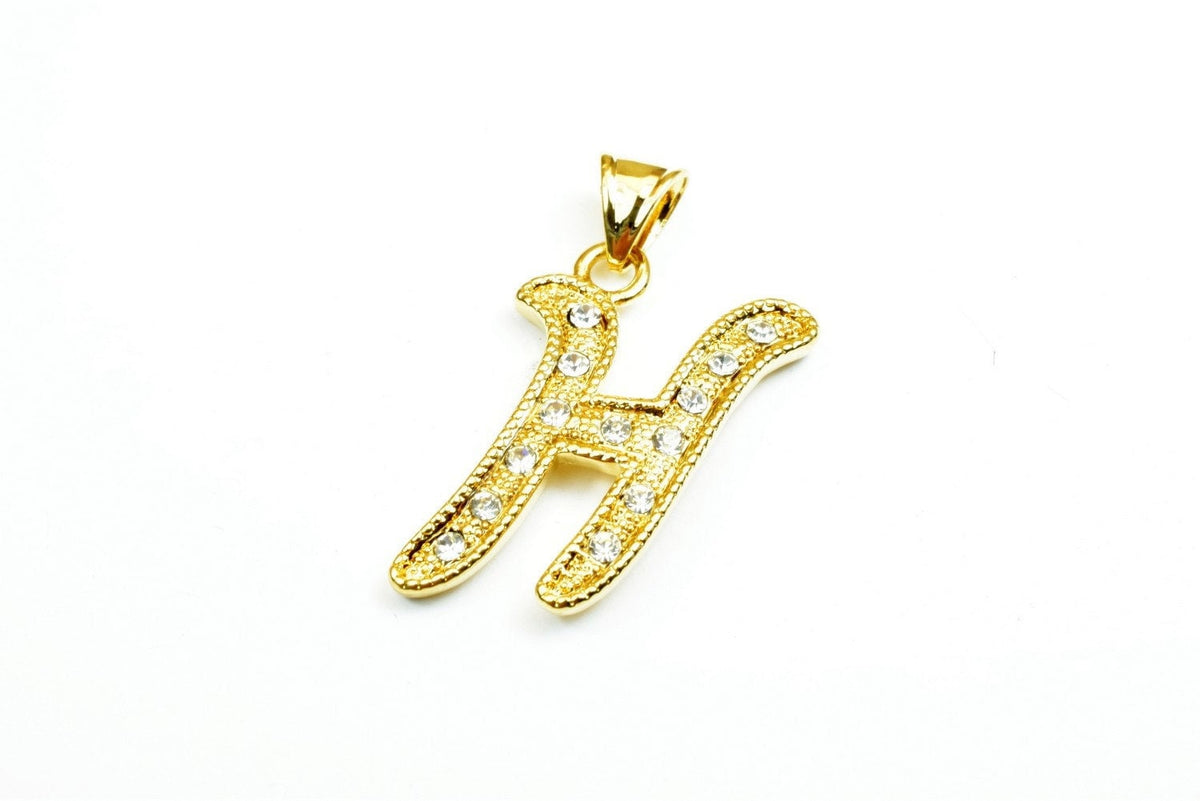 Letter H Pendant 18K Gold Filled Look, Rhinestone CZ Cubic Zirconia (29x18mm, Tarnish Resistant Copper Metal Charm)