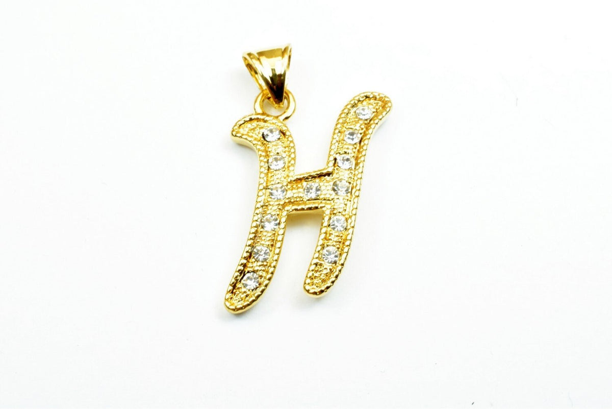 Letter H Pendant 18K Gold Filled Look, Rhinestone CZ Cubic Zirconia (29x18mm, Tarnish Resistant Copper Metal Charm)