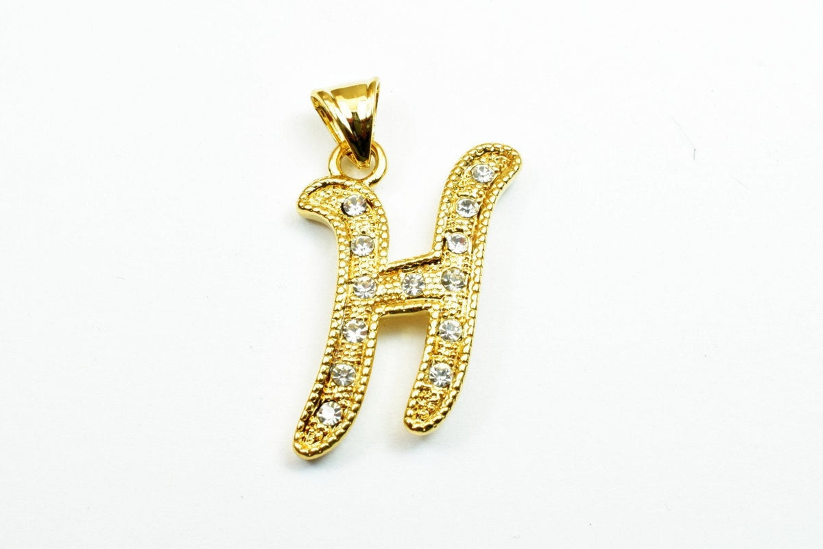 Letter H Pendant 18K Gold Filled Look, Rhinestone CZ Cubic Zirconia (29x18mm, Tarnish Resistant Copper Metal Charm)