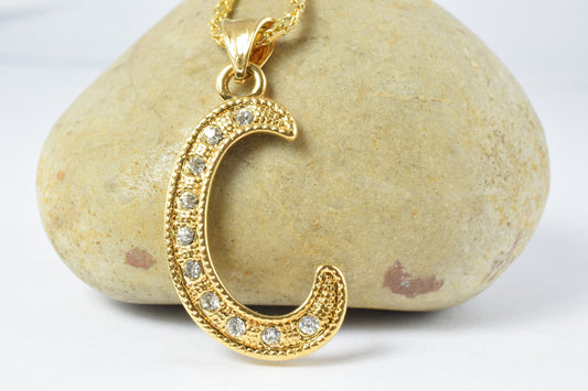 18K as Gold Filled* Letter "C" Pendant With Rhinestone CZ Cubic Zirconia, Size 34x18mm Initial Charm Valentine's Day Gift...