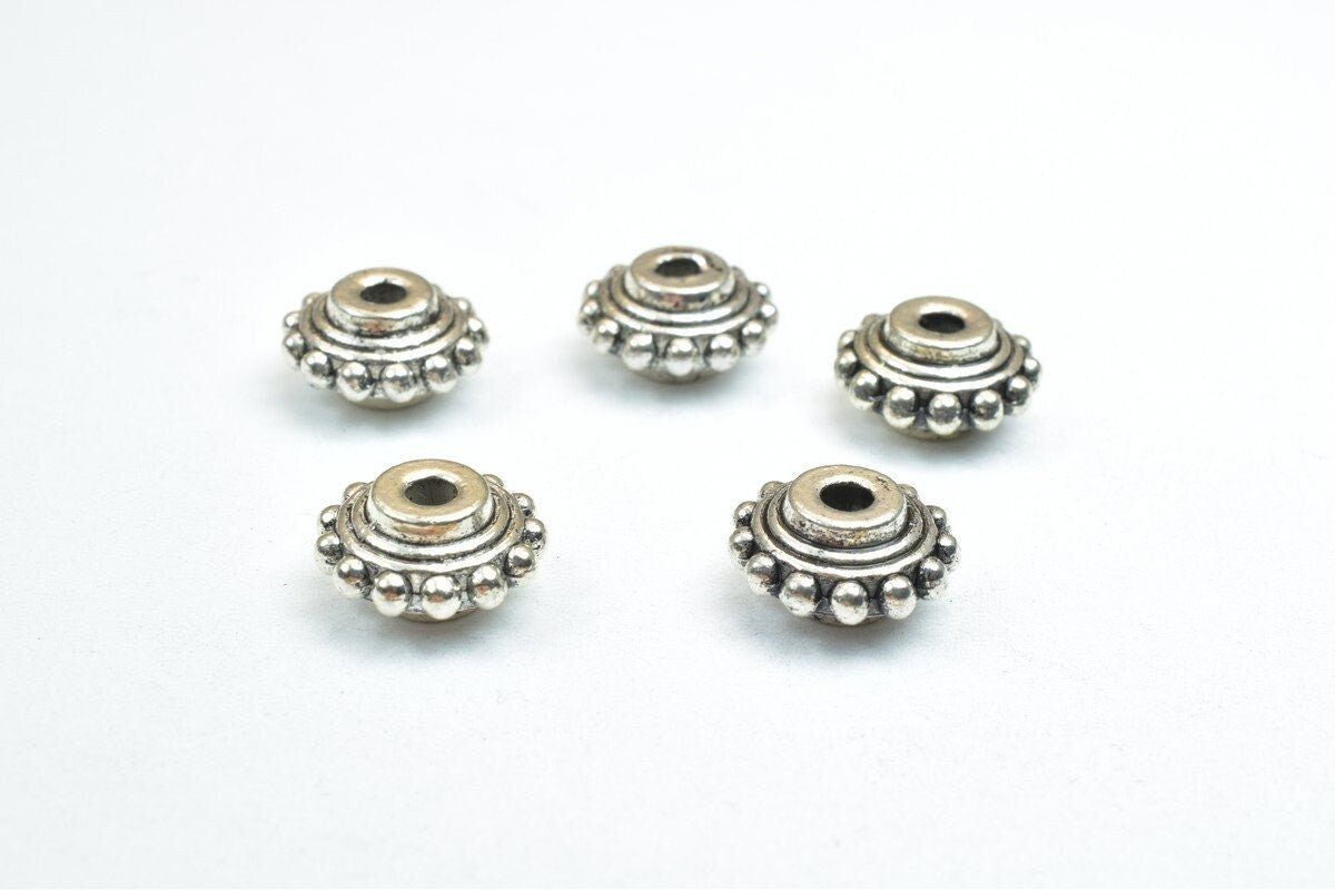 Antique Silver Charm Beads - Rondelle Spacer Beads, 10mm Size, Alloy Metal, Rustic Finish - Jewelry Making Kit